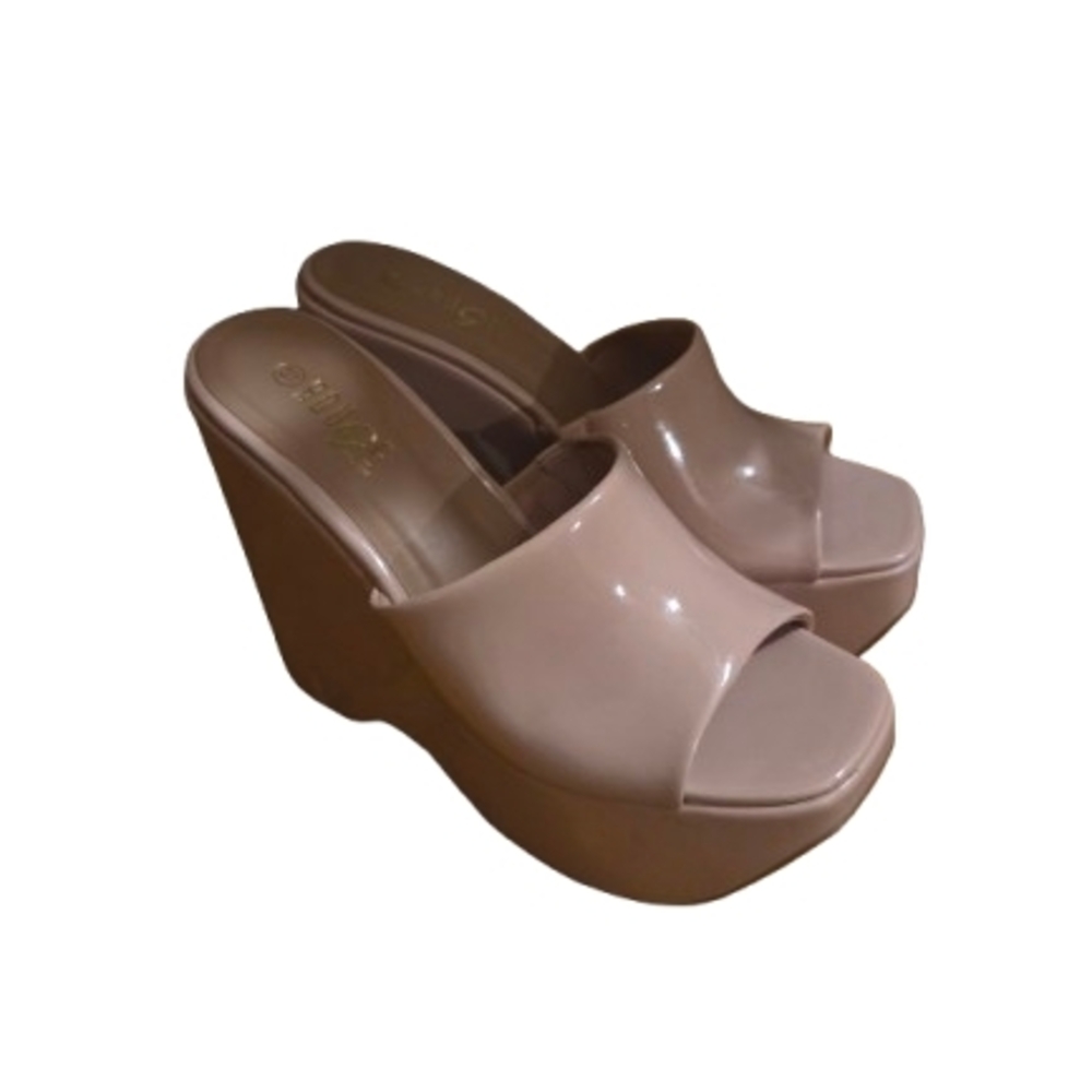 Rouge! Blush Patent Platform Wedge Slide Sandals